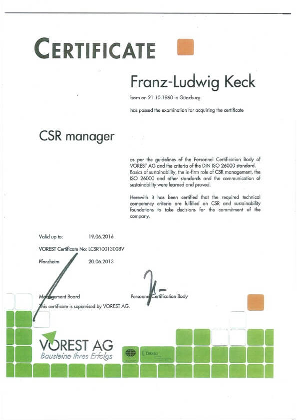 CSR Manager ISO26000 Certificate